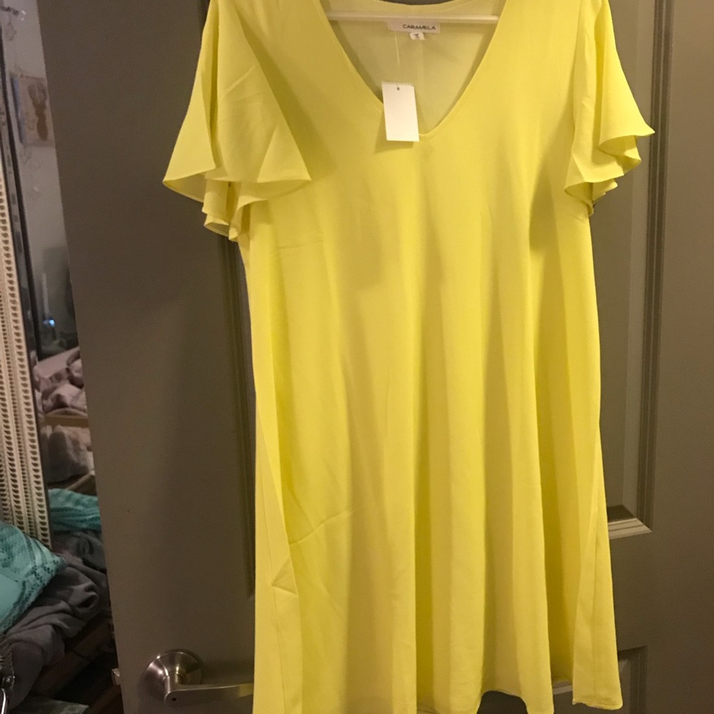 Versona neon yellow dress with flutter sleeves M